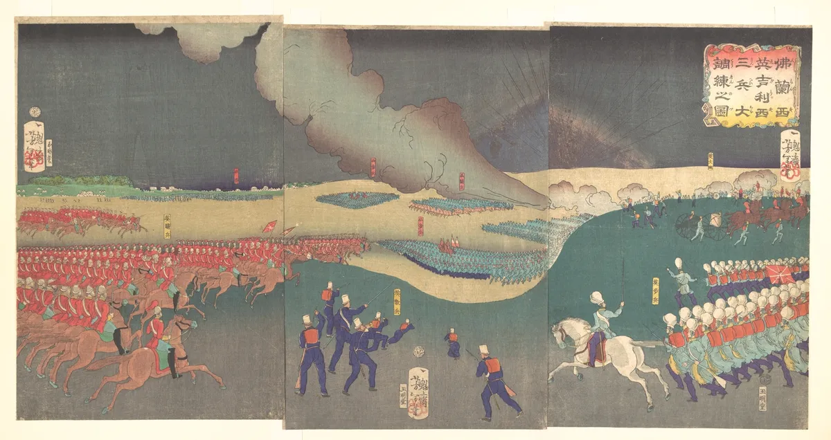 Maneuvers by Three Categories of French and English Soldiers (Furansu Igirisu sanhei ōchōren no zu) | Tsukioka Yoshitoshi - 浮世繪畫廊