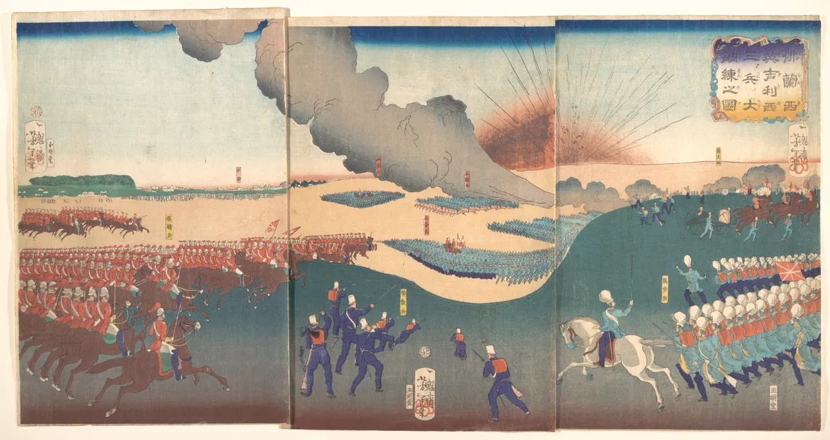 Maneuvers by Three Categories of French and English Soldiers (Furansu Igirisu sanhei ōchōren no zu) | Tsukioka Yoshitoshi - 浮世繪畫廊