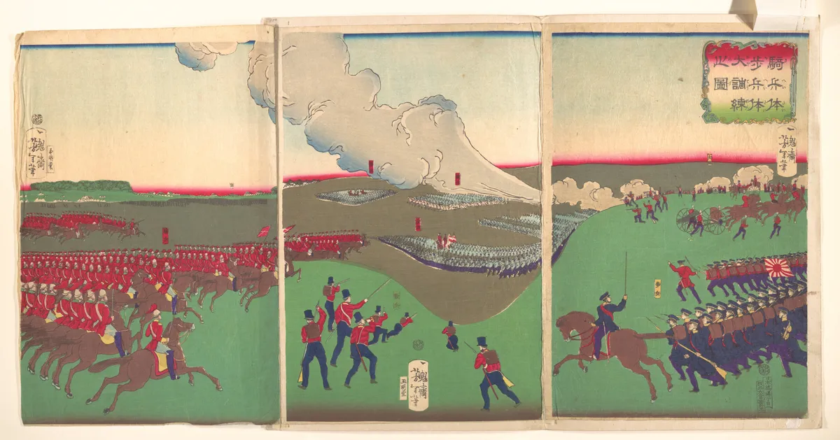 Illustration of Cavalry, Infantry and Soldiers Retreating (Kiheitai, hoheitai, daichōren no zu) | Tsukioka Yoshitoshi - 浮世繪畫廊