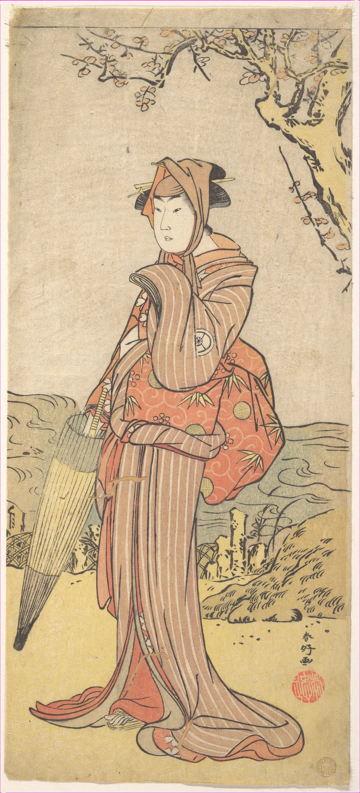 Iwai Kiyotaro as a Woman Standing under a Plum Tree | Katsukawa Shunkō - 浮世繪畫廊