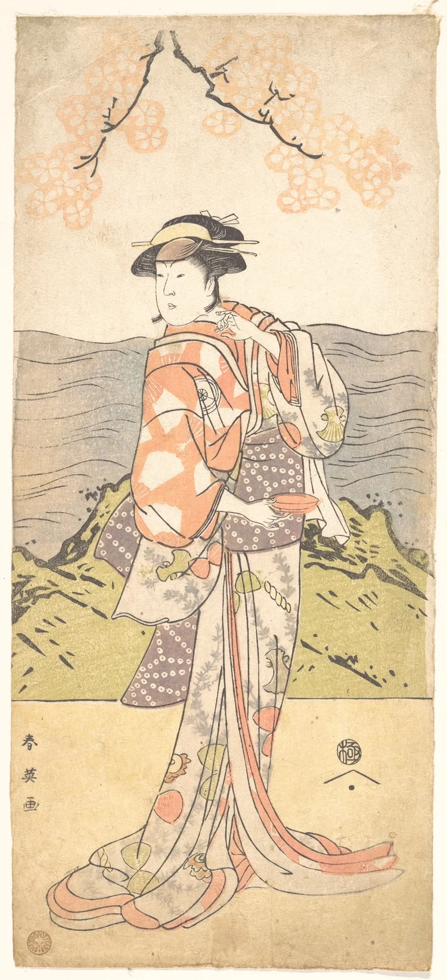 The Fourth Iwai Hanshiro as a Woman Standing Beneath a Cherry Tree | Katsukawa Shun'ei 勝川春英 - 浮世繪畫廊