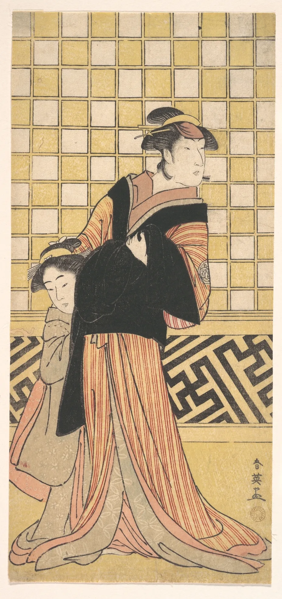Wakayama Tomisaburo as a Woman in a Yellow and Red-Brown Striped Kimono | Katsukawa Shun'ei 勝川春英 - 浮世繪畫廊