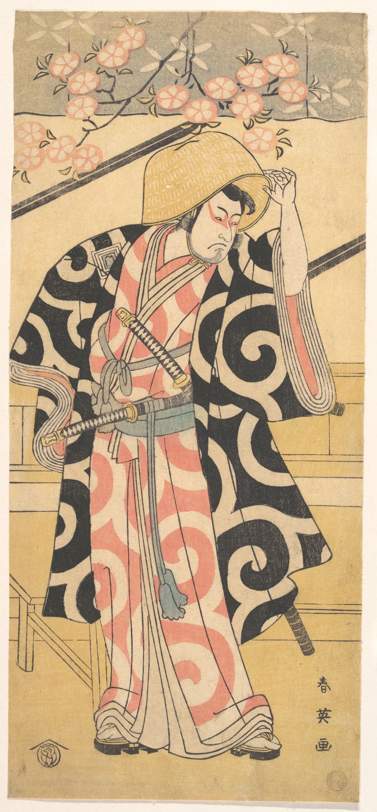 The Second Ichikawa Monnosuke as a Samurai Standing by a Wooden Bench | Katsukawa Shun'ei 勝川春英 - 浮世繪畫廊