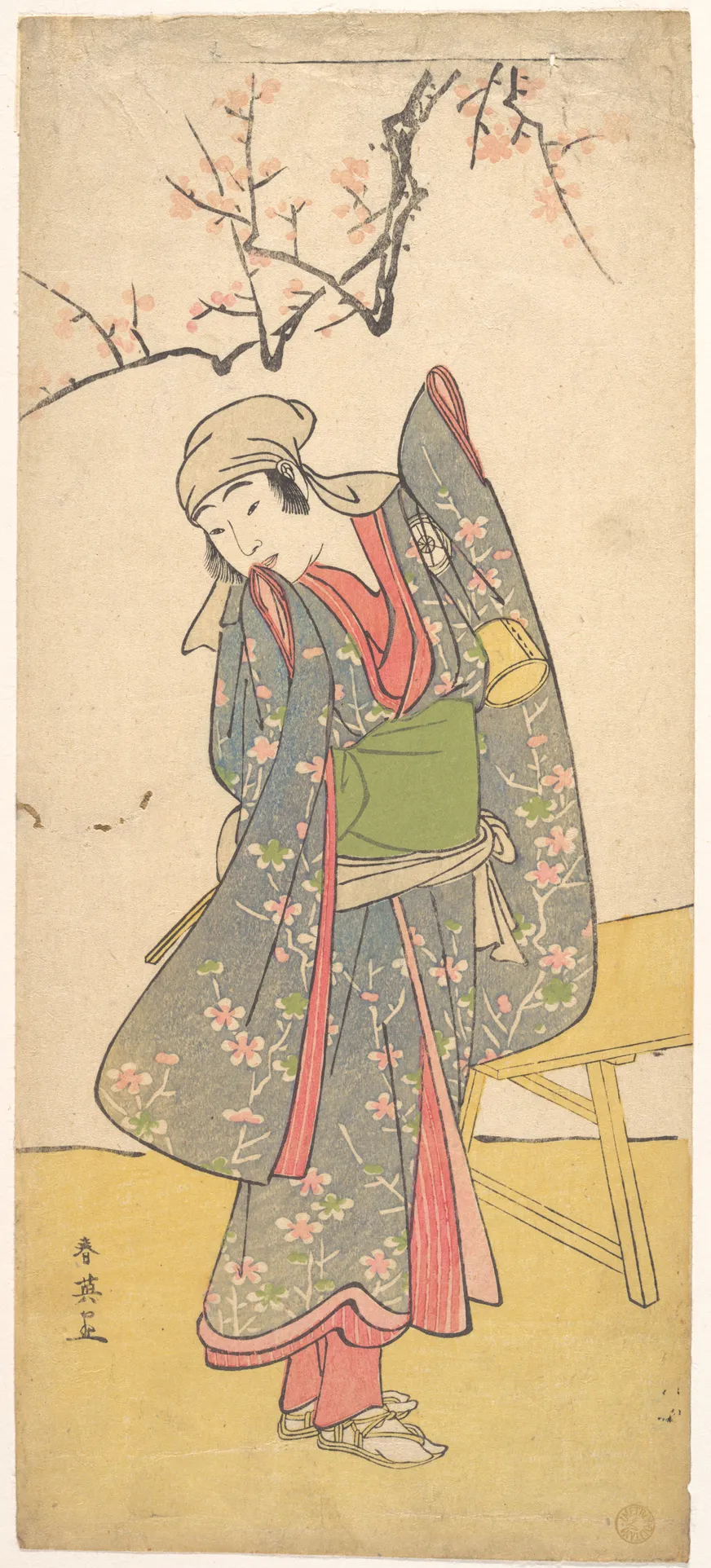 The Fourth Iwai Hanshiro as a Young Girl Standing by a Wooden Bench | Katsukawa Shun'ei 勝川春英 - 浮世繪畫廊