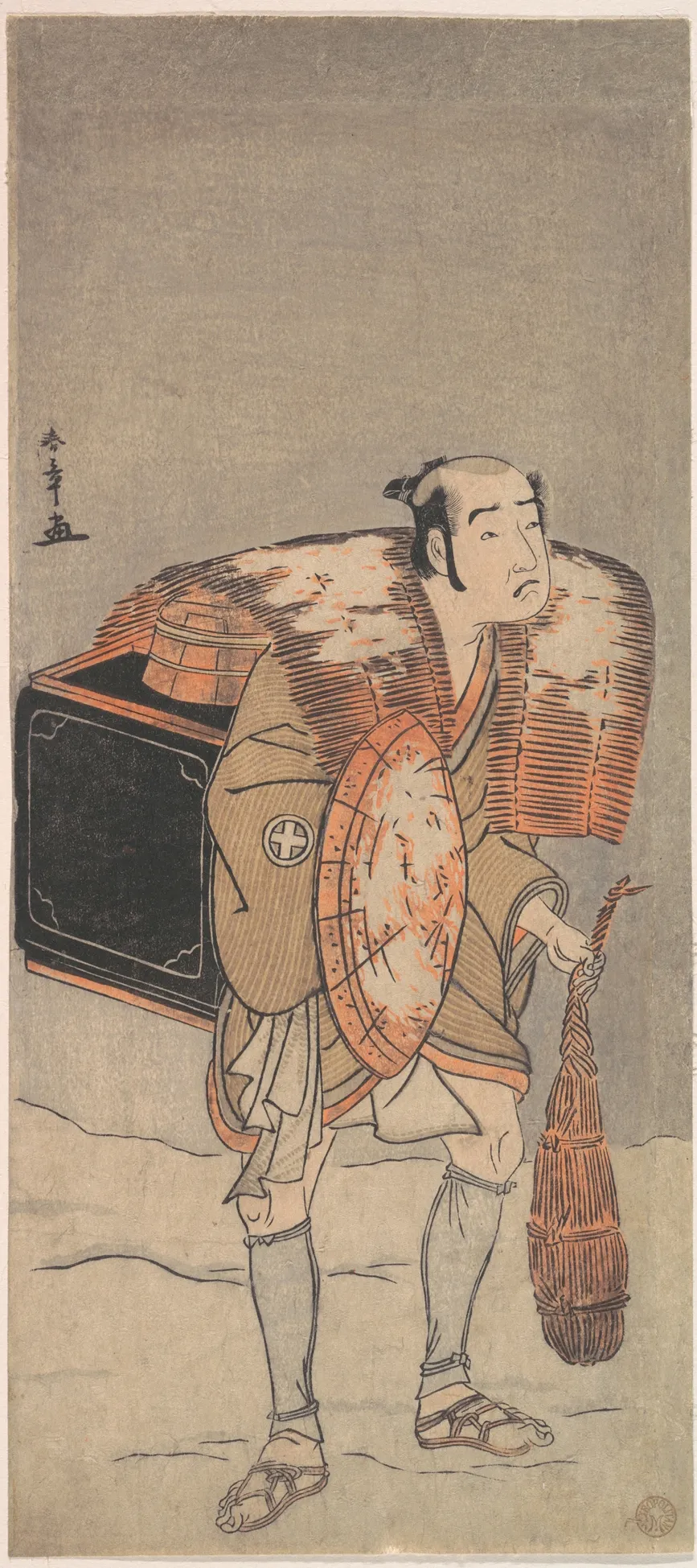 Otani Tomoemon (?) as a Peddler Trudging Through the Snow | Katsukawa Shunshō　勝川春章 - 浮世繪畫廊