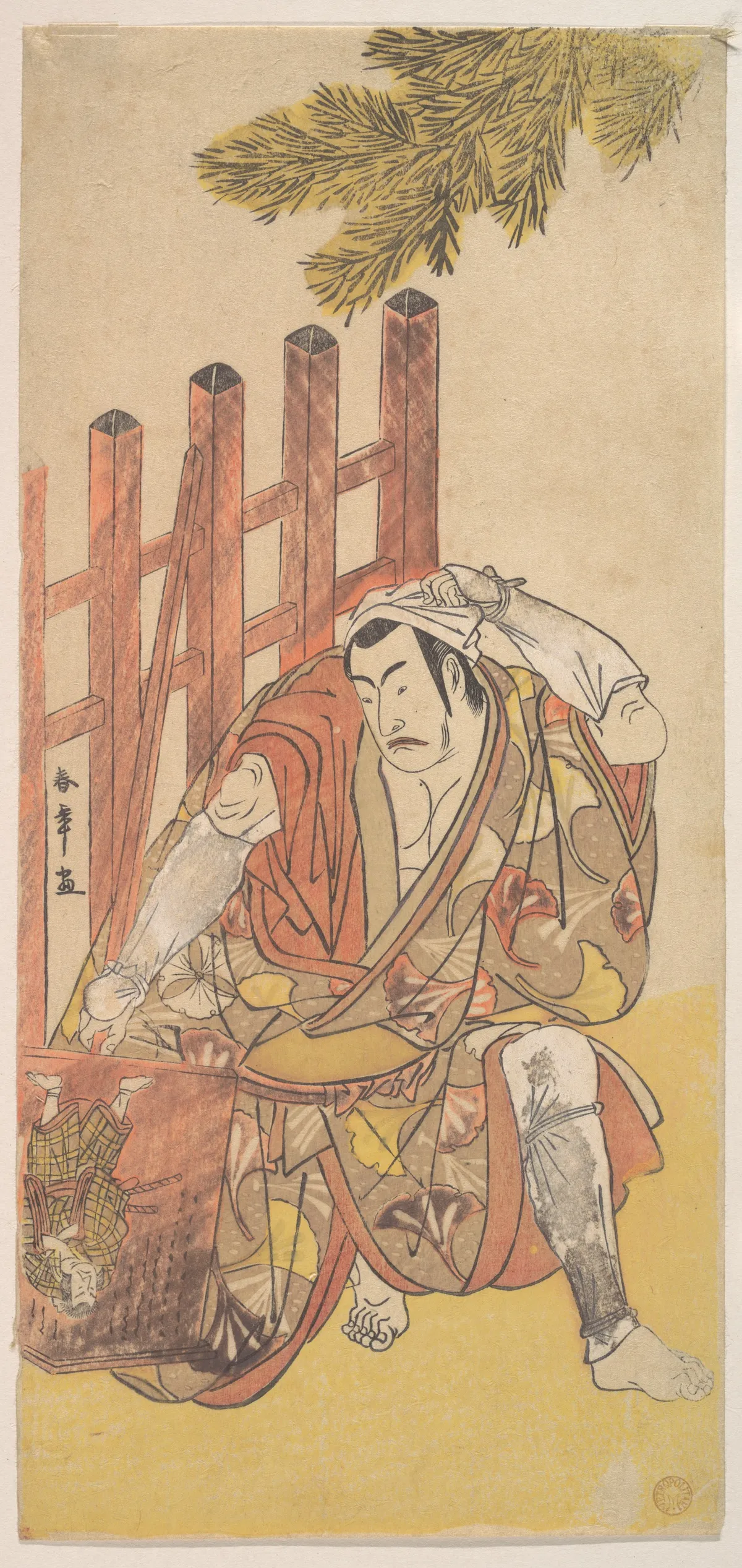 The Fourth Matsumoto Koshiro as an Outlaw Looking at a Wooden Ninsogaki | Katsukawa Shunshō　勝川春章 - 浮世繪畫廊