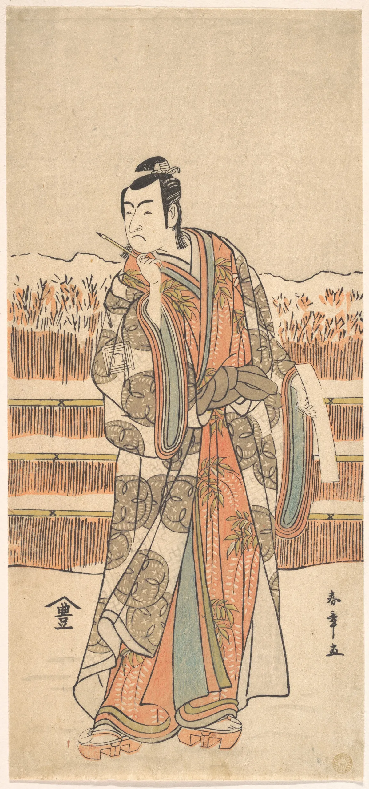 The Second Ichikawa Monnosuke as a Man of High Rank Standing in the Snow | Katsukawa Shunshō　勝川春章 - 浮世繪畫廊