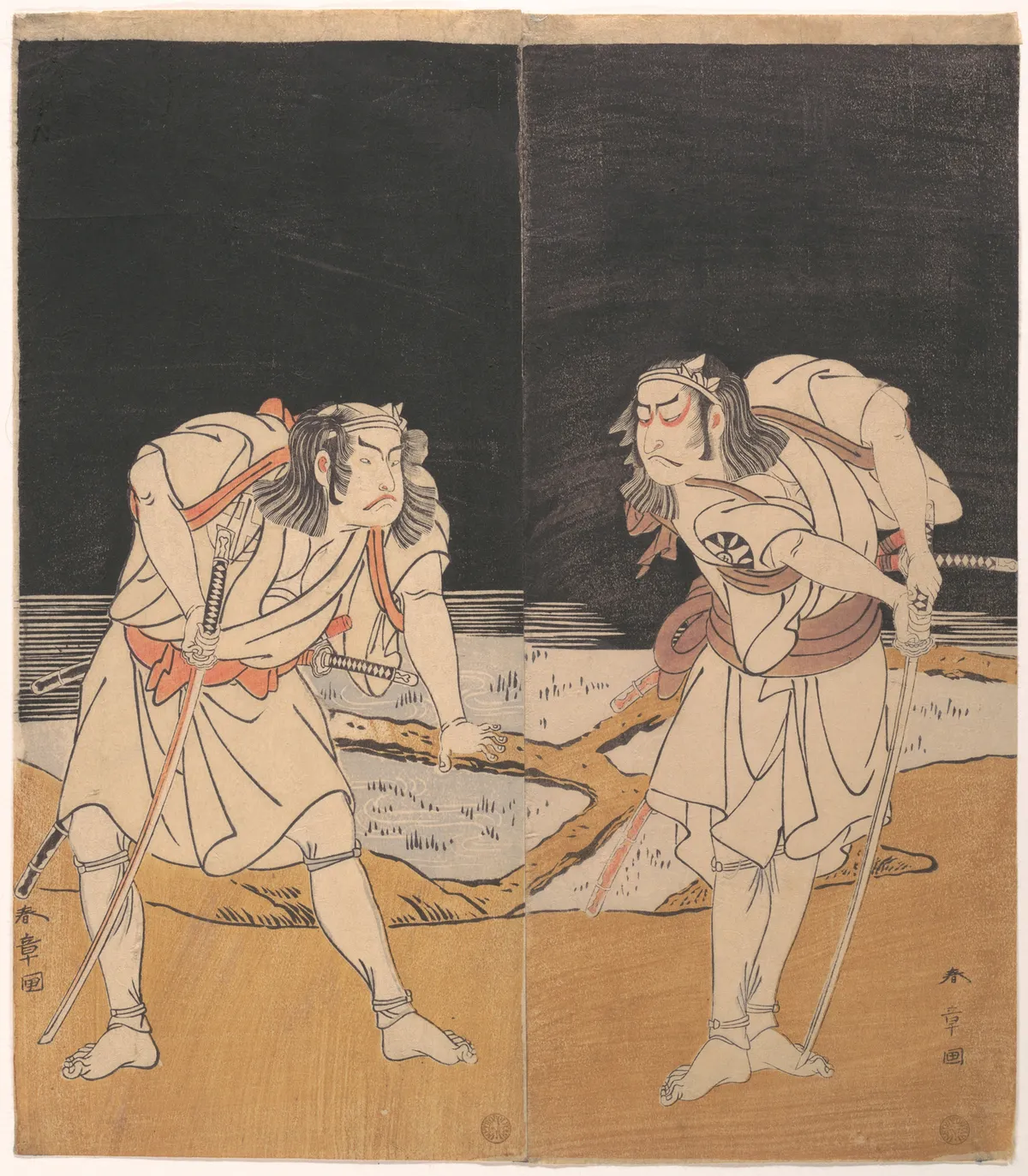 Duel Scene from the Kabuki Drama, "A Soga Pattern Dyed to Order" (Ōatsurae-zome Soga Hinagata) | Katsukawa Shunshō　勝川春章 - 浮世繪畫廊