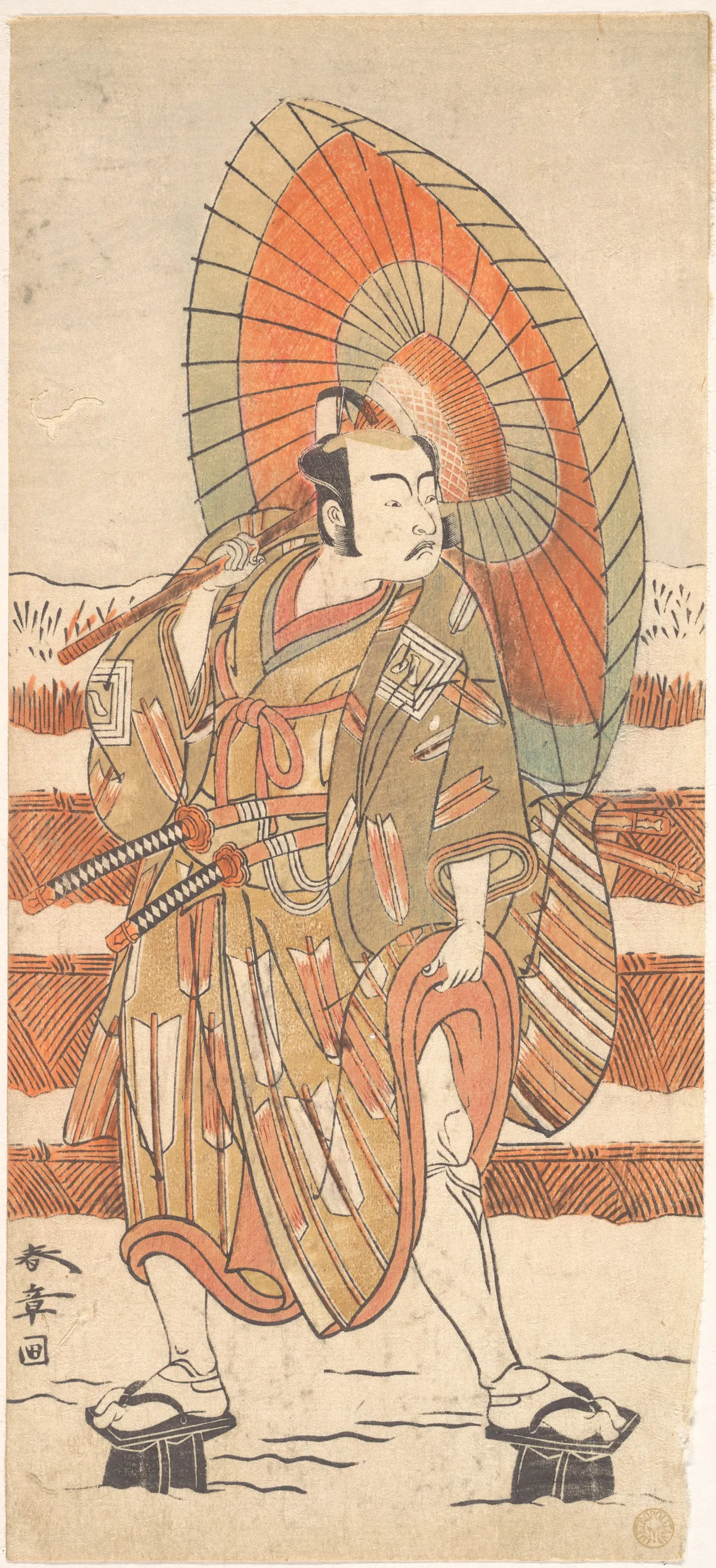 The Second Ichikawa Yaozo as a Samurai Standing in the Snow | Katsukawa Shunshō　勝川春章 - 浮世繪畫廊