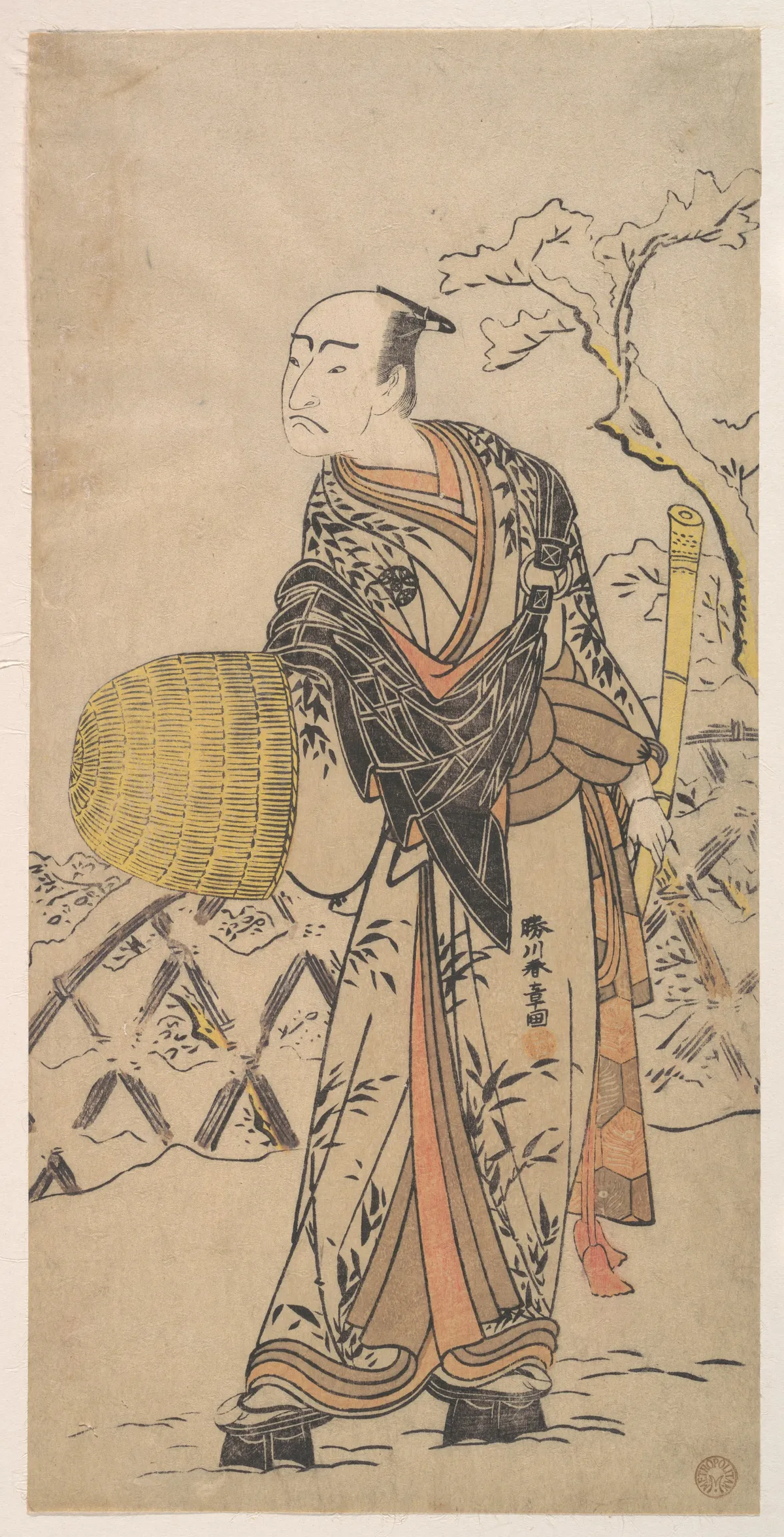 The First Nakamura Nakazo as a Komuso Standing in the Snow by a Fence | Katsukawa Shunshō　勝川春章 - 浮世繪畫廊