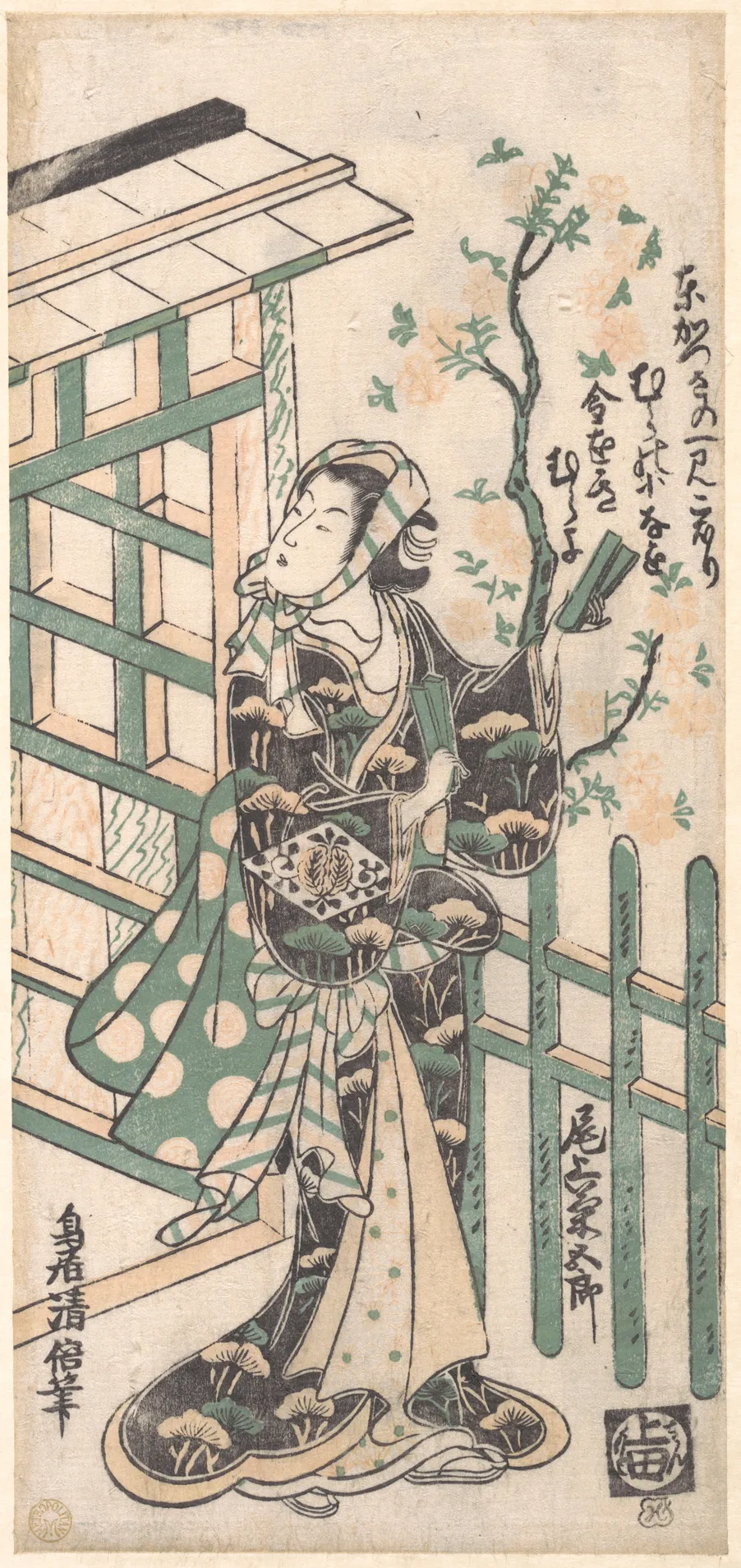 The Actor Onoe Kikugoro as a Woman Standing by a Gate | Torii Kiyomasu I - 浮世繪畫廊