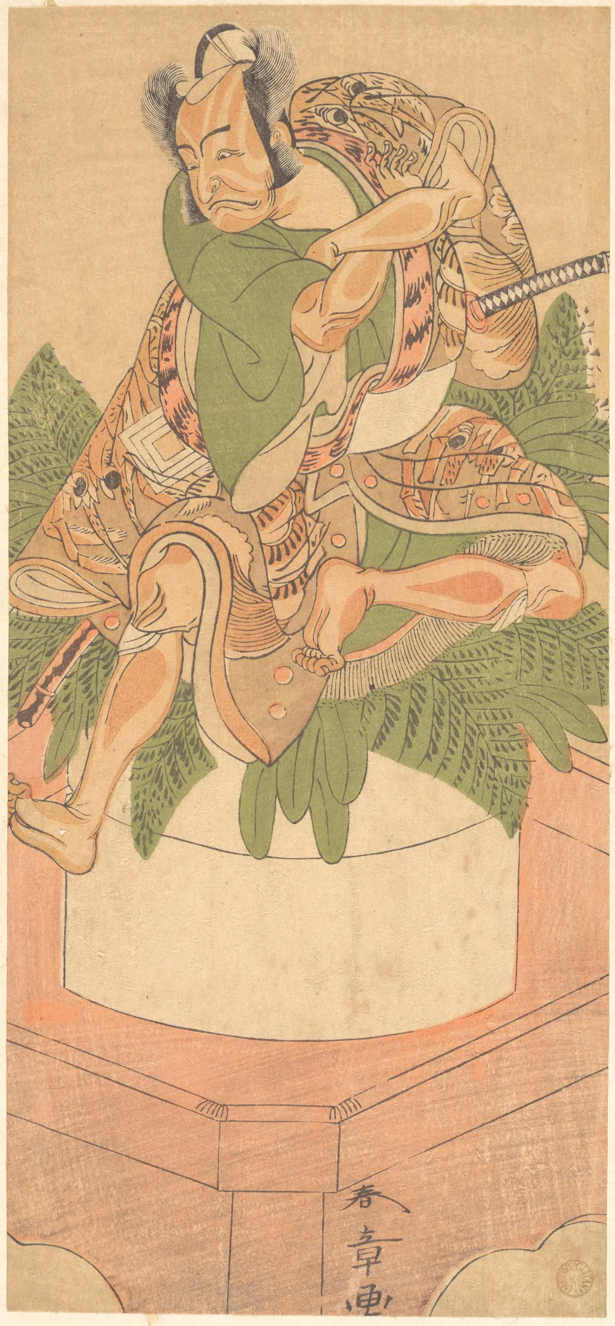 The Fourth Ichikawa Danjuro as a Yakko (servant) seated upon a Large Cake of Mochi Prepared for the New Yer Celebration | Katsukawa Shunshō　勝川春章 - 浮世繪畫廊