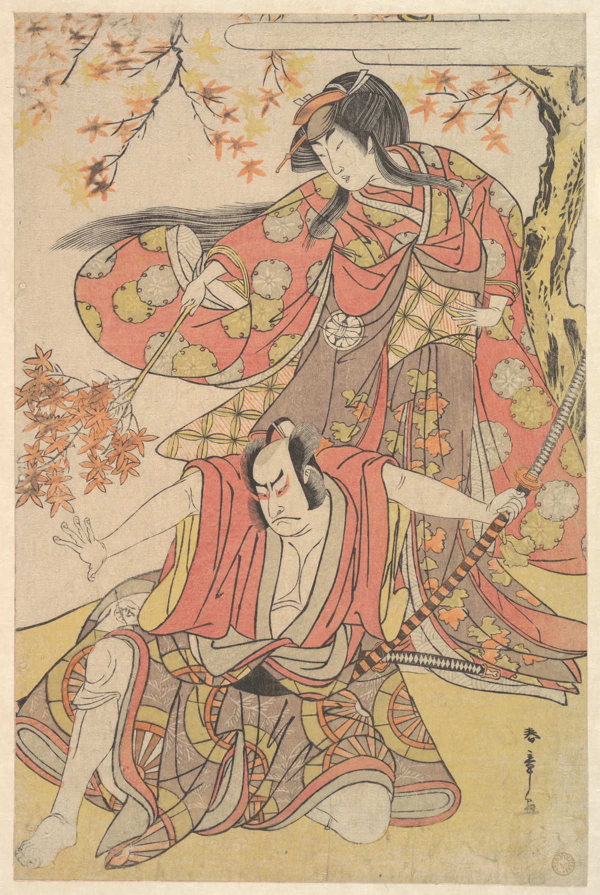 Segawa Kikunojo III as a Woman Standing under a Maple Tree in the Autumn | Katsukawa Shunshō　勝川春章 - 浮世繪畫廊