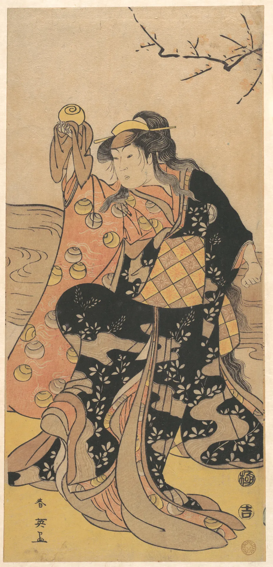 The Fourth Iwai Hanshiro as a Woman Holding a Crystal Ball and Dancing on the Bank of a Stream | Katsukawa Shun'ei 勝川春英 - 浮世繪畫廊
