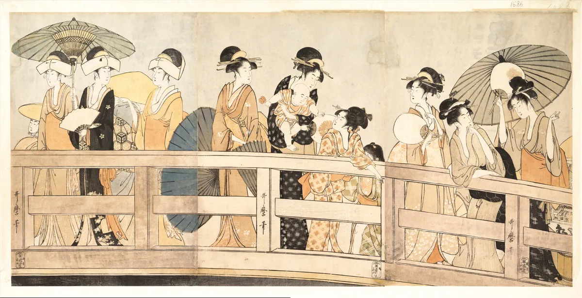 Enjoying the Cool Evening Breeze on and under the Bridge | Kitagawa Utamaro - 浮世繪畫廊