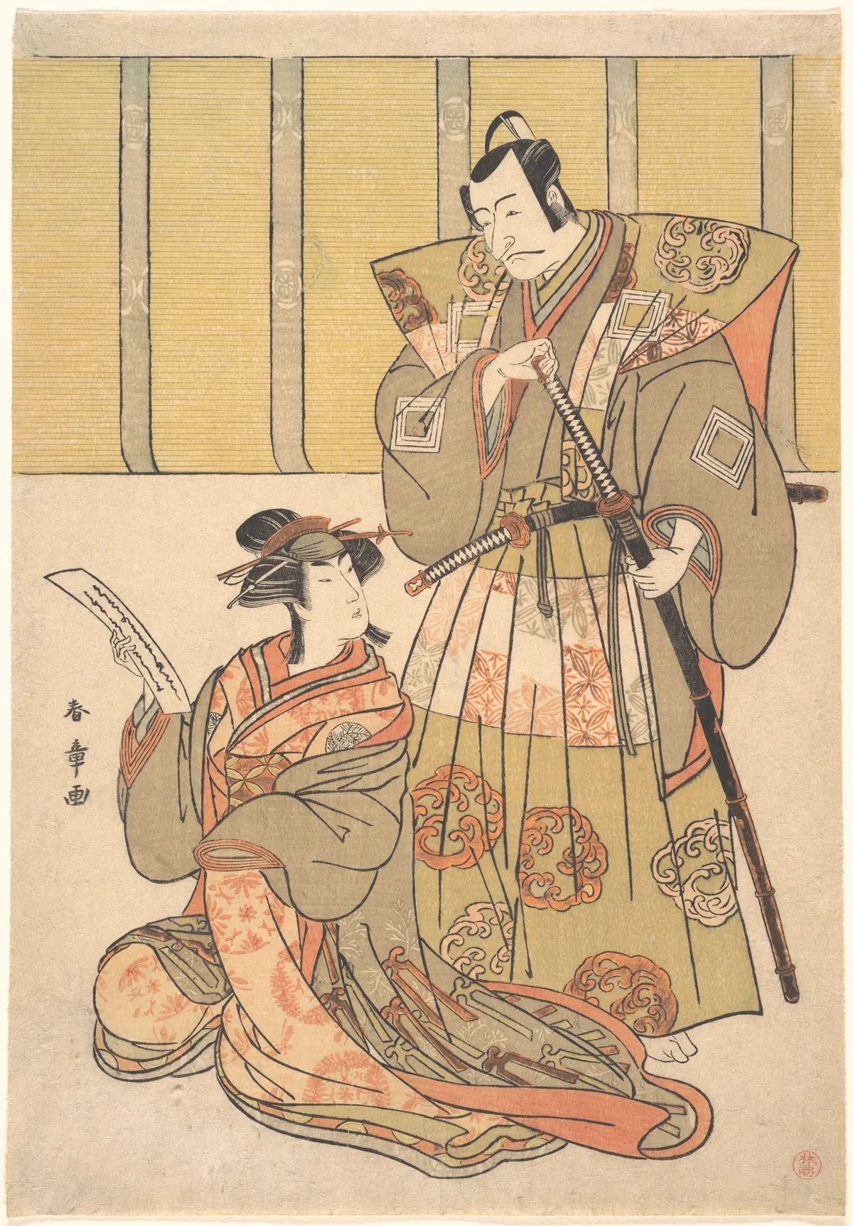 Ichikawa Danjūrō V as Kūdo no Suketsune, and Nakamura Rikō as Oiso no Tora | Katsukawa Shunshō　勝川春章 - 浮世繪畫廊