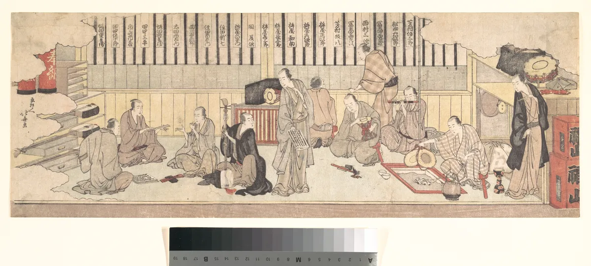 Dressing Room for Musicians at a Theater (Shitakubeya) | Katsushika Hokusai - 浮世繪畫廊