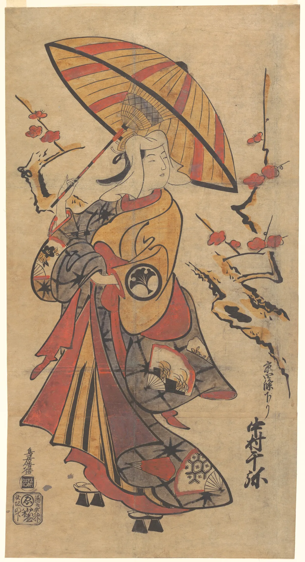 The Actor Nakamura Sen'ya as Tokonatsu in the Kabuki Play, "The Legacy of the Three-Comma Family Crest Revealed" (Mitsudomoe katoku-biraki) | Torii Kiyomasu I - 浮世繪畫廊