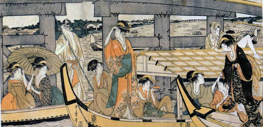 Enjoying the Cool Evening Breeze on and under the Bridge | Kitagawa Utamaro - 浮世繪畫廊