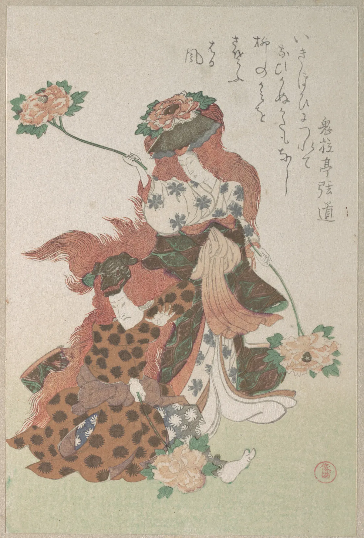 Two Dancers Performing a “Shakkyōmono” Kabuki Dance, from Spring Rain Surimono Album (Harusame surimono-jō), vol. 3 | Kubo Shunman - 浮世繪畫廊