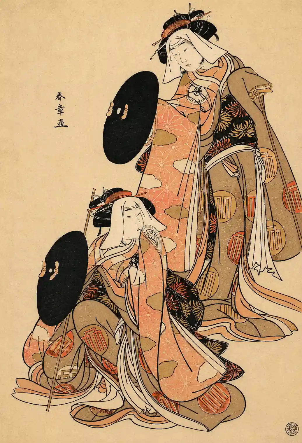 The Actors IV Iwai Hanshiro and I Bando Mitsugoro as Women Pilgrime in a shosa (Acting and Dancing) Performance | Katsukawa Shunshō　勝川春章 - 浮世繪畫廊