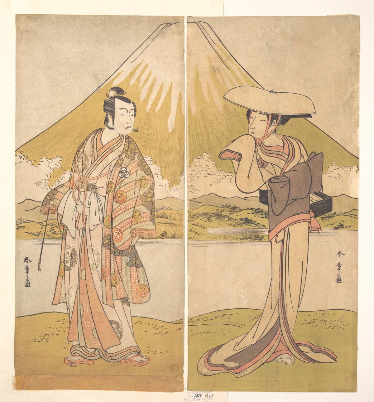 The Actor Bando Mitsugoro as a Man in Sumptuous Raiment, Standing in a Field, Mount Fuji in the Background | Katsukawa Shunshō　勝川春章 - 浮世繪畫廊