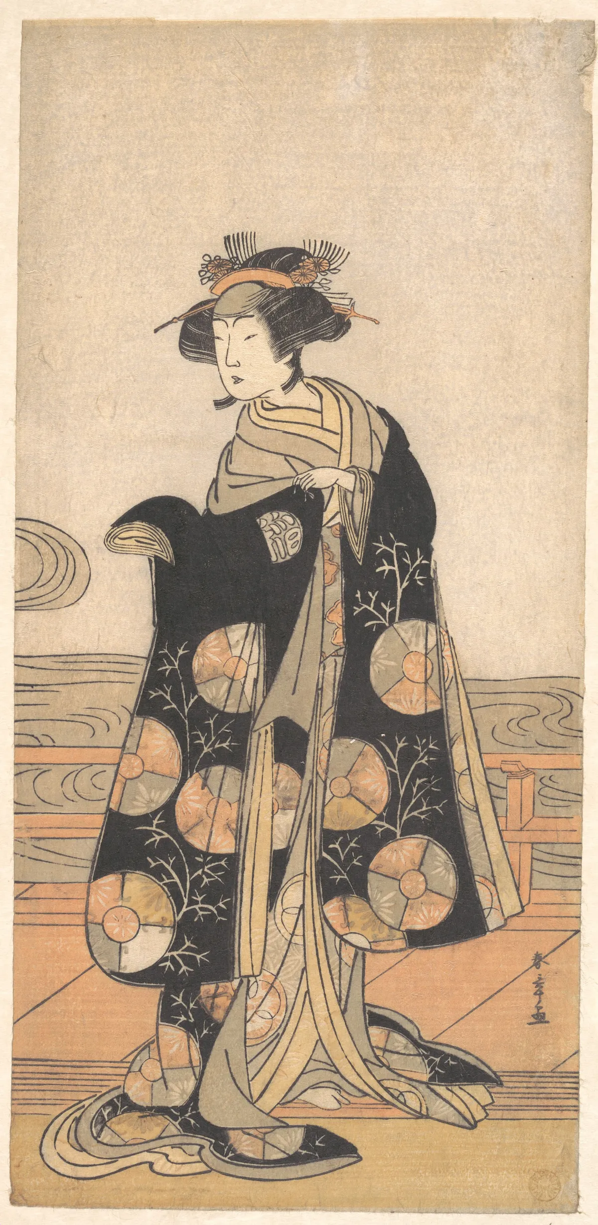 Yoshizawa Iroha as a Woman Standing on the Engawa of a House by a River | Katsukawa Shunshō　勝川春章 - 浮世繪畫廊