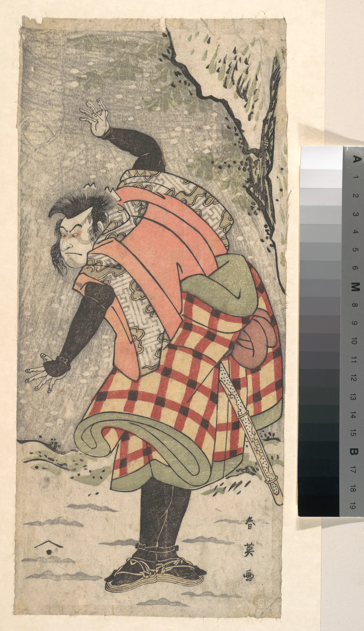 Unidentified Actor as a Kyokaku Standing at the Foot of a Cliff in a Snow Storm | Katsukawa Shun'ei 勝川春英 - 浮世繪畫廊