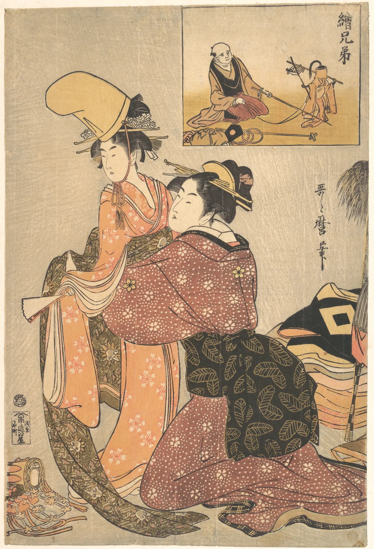 A Woman Dressing a Girl for a the Kabuki Dance “Musume Dojōji,” with “Brother Picture” (E-kyōdai) of a Monkey Trainer | Kitagawa Utamaro - 浮世繪畫廊