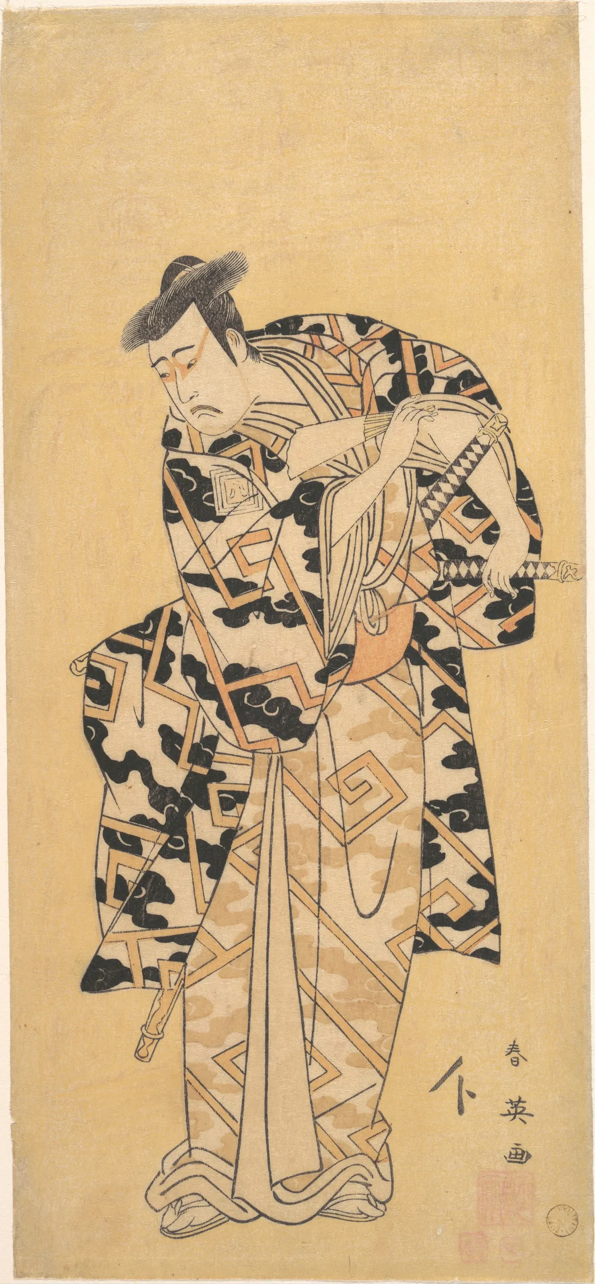 The Actor Ichikawa Yaozō III as Fuwa Banzaemon in a Thunder Robe, Playing with a Fan | Katsukawa Shun'ei 勝川春英 - 浮世繪畫廊