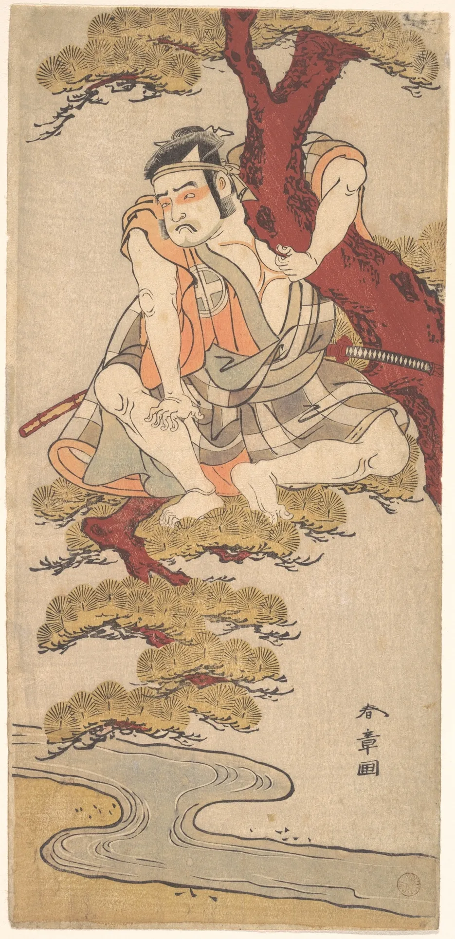 The Actor Otani Hiroemon III Watching from the Branches of a Pine Tree Overhanging a Stream | Katsukawa Shunshō　勝川春章 - 浮世繪畫廊