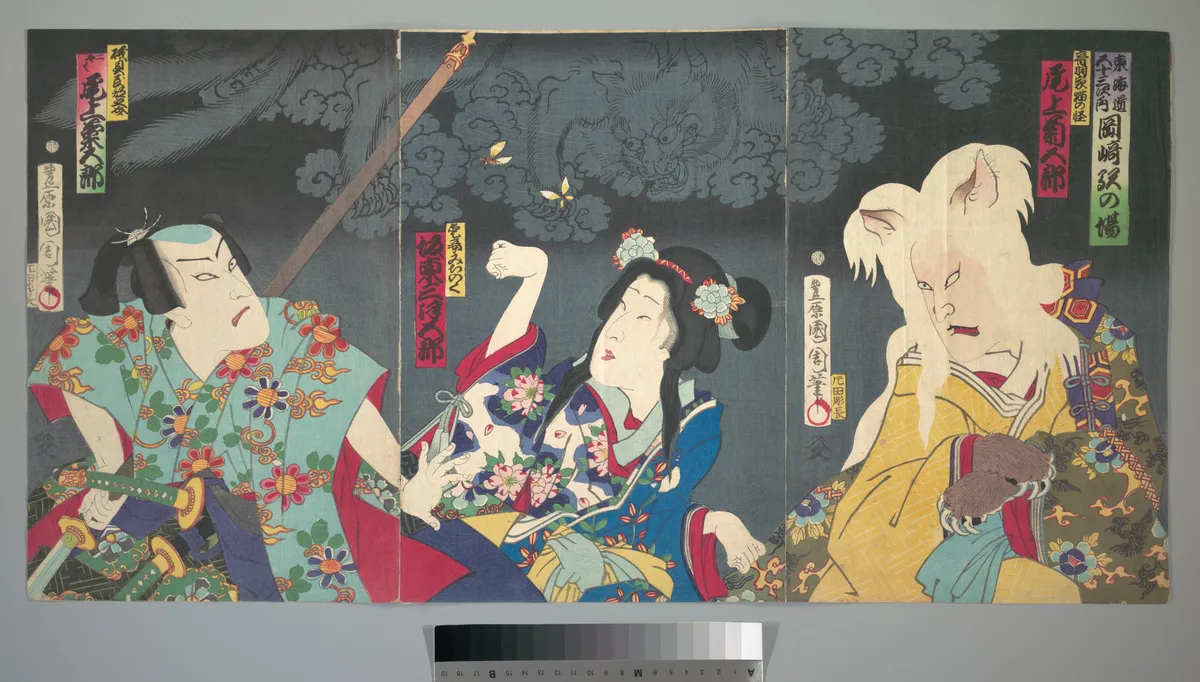 Onoe Kikugorō V as Otowake Neko no ke (Right), Bandō  Mitsugorō  IV as Aishō Michinoku (Center), Onoe Kikugorō V as Isogai Mibunosuke (Left) in the Kabuki play Tōkai Kidan Nekomata Yashiki | Toyohara Kunichika - 浮世繪畫廊