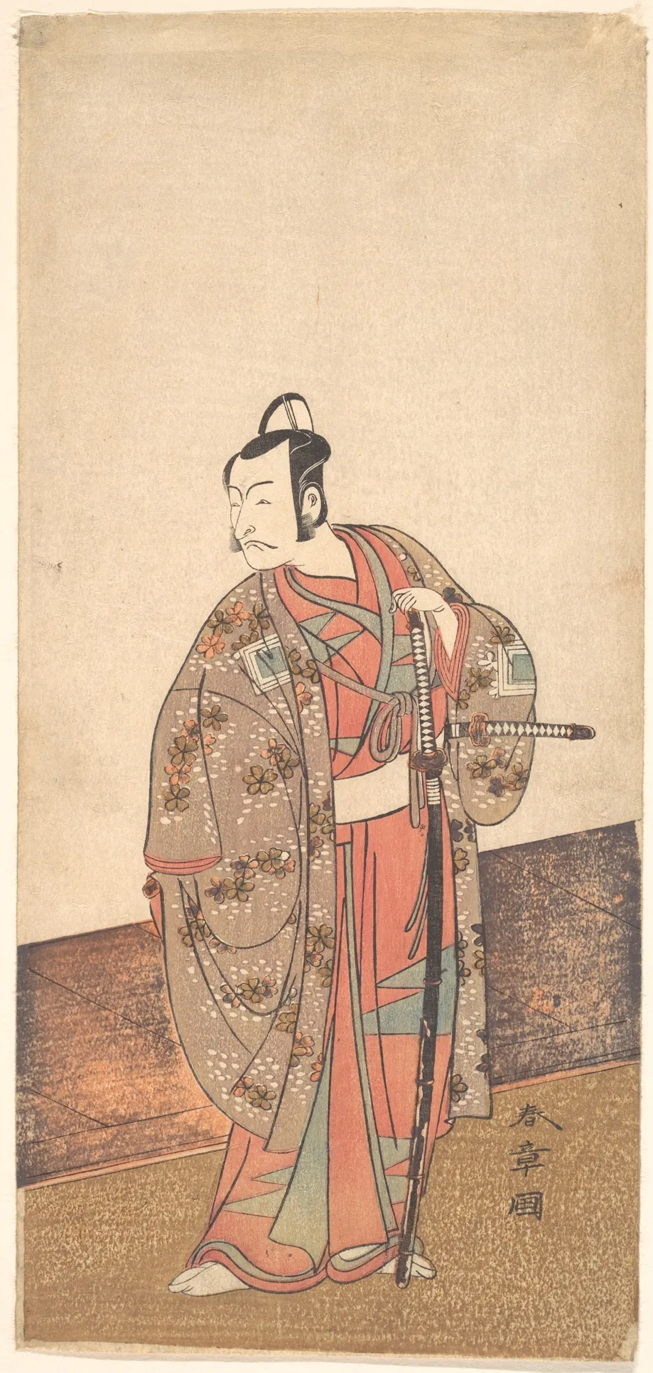 The Actor Ichikawa Danjuro V standing inside of a house and in front of an engawa | Katsukawa Shunshō　勝川春章 - 浮世繪畫廊