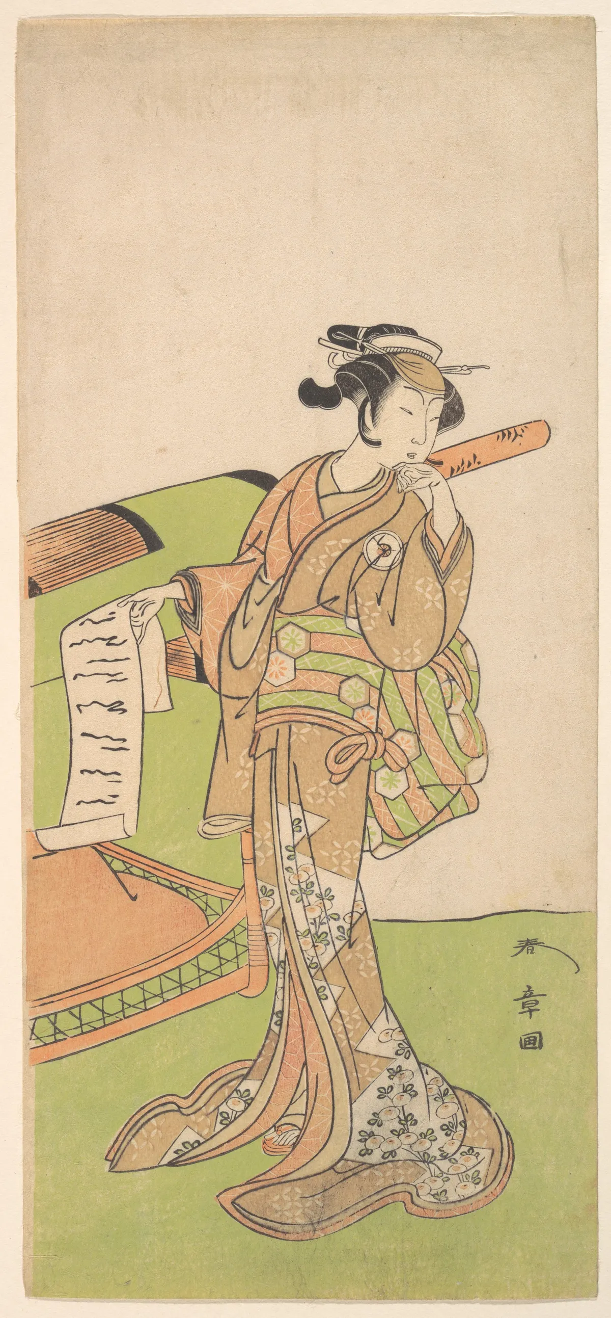 The Actor Iwai Hanshiro IV in Female Role, Standing Beside a Litter | Katsukawa Shunshō　勝川春章 - 浮世繪畫廊