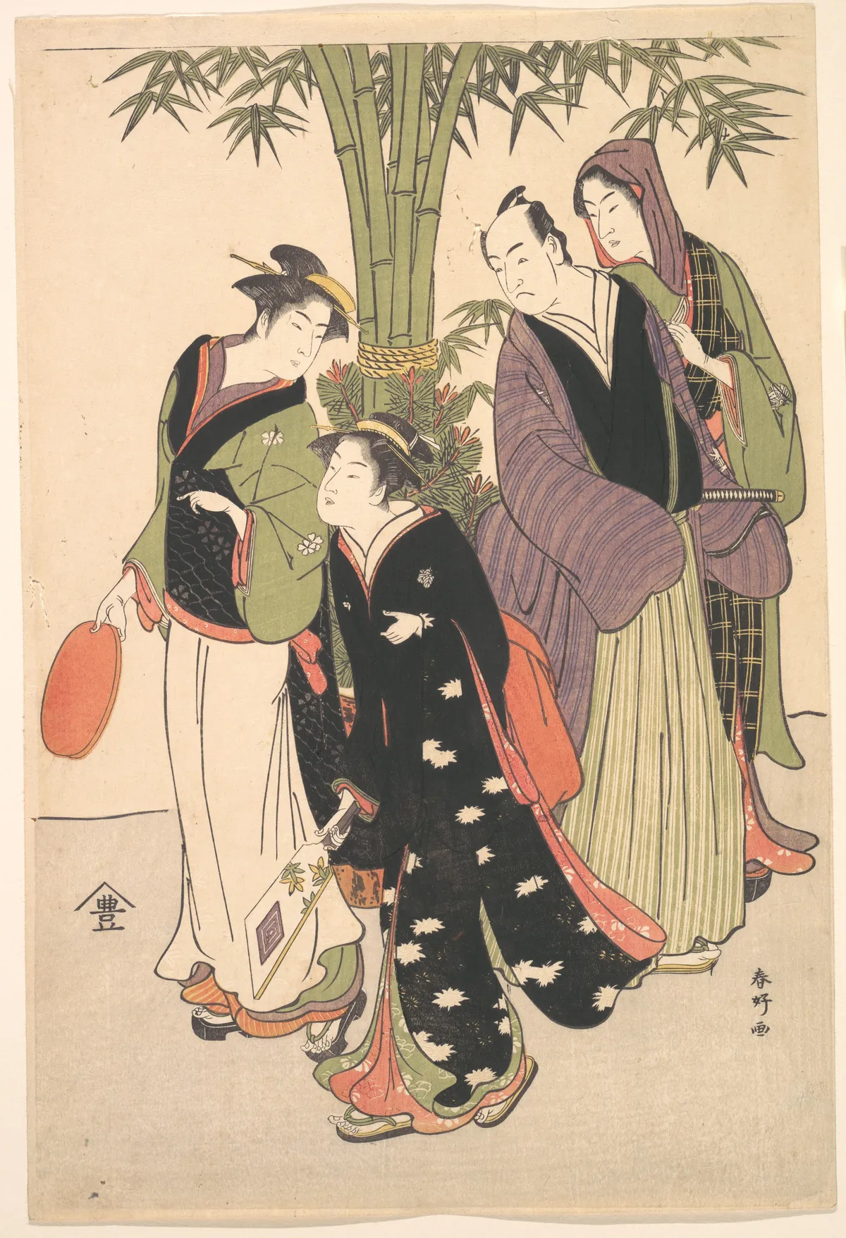 Kabuki Actors Segawa Kikunojō III and Ichikawa Monnosuke II and Two Courtesans Celebrating the New Year | Katsukawa Shunkō - 浮世繪畫廊