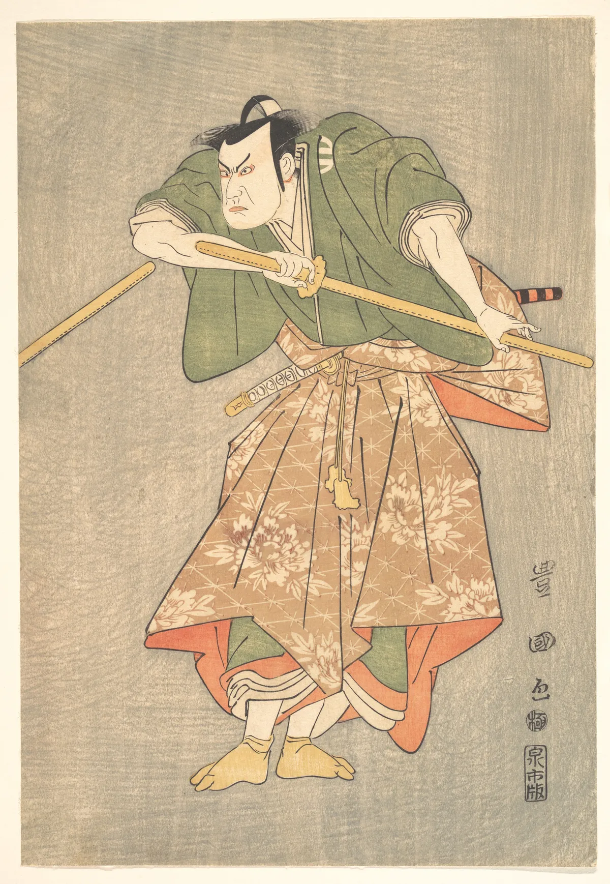 The Actor Kataoka Nizaemon in Ceremonial Robes of Green and Pink, Drawing His Sword | Utagawa Toyokuni I - 浮世繪畫廊