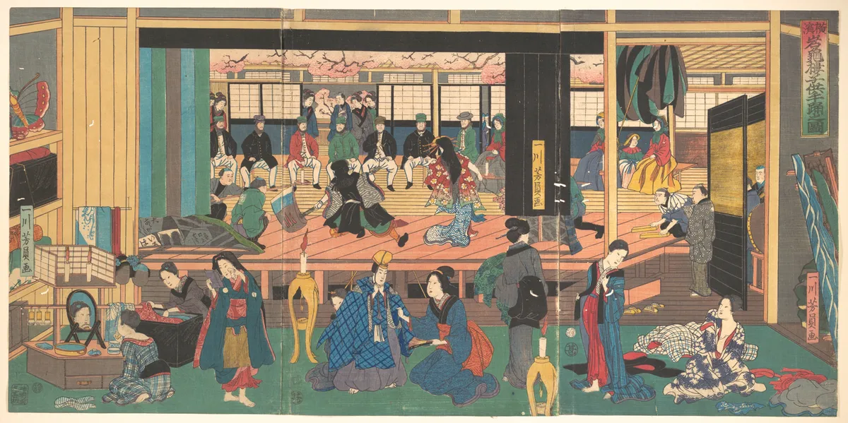 Foreigners Enjoying Children's Kabuki at the Gankirō Tea House | Utagawa Yoshikazu - 浮世繪畫廊