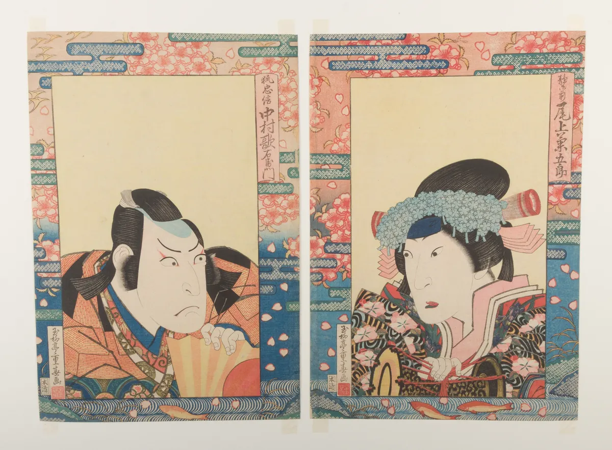 Kabuki Actors Onoe Kikugorō III as Shizuka Gozen and Nakamura Utaemon III as Kitsune Tadanobu, in the play Yoshitsune senbon zakura (The Thousand Cherry Trees of Yoshitsune) | Gyokuryūtei (Ryūsai) Shigeharu - 浮世繪畫廊