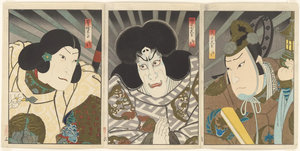 The Actors Mimasu Daigorō IV as Umako Daijin (right), Ichikawa Ebizō V as Umaya Daijin (center), and Jitsukawa Ensaburō as Prince Shōtoku (left) | Gosōtei Hirosada 五粽亭広貞 - 浮世繪畫廊