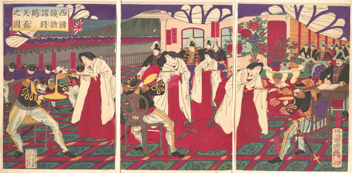 Illustration of the Commanders who Pacified Western Japan, Receiving the Emperor's Gift Cups (Saigoku chinbu shoshō tenpai o tamau no zu) | Yōshū (Hashimoto) Chikanobu - 浮世繪畫廊