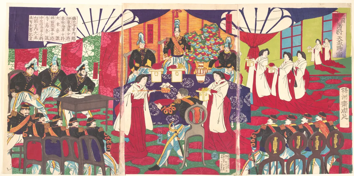 Illustration of the Commanders who Pacified Western Japan, Receiving the Emperor's Gift Cups (Saigoku chinsei shoshō tenpai o tamawaru no zu) | Yōshū (Hashimoto) Chikanobu - 浮世繪畫廊