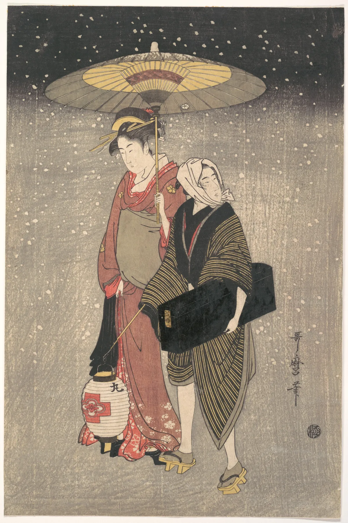 Geisha Walking through the Snow at Night | Kitagawa Utamaro - 浮世繪畫廊